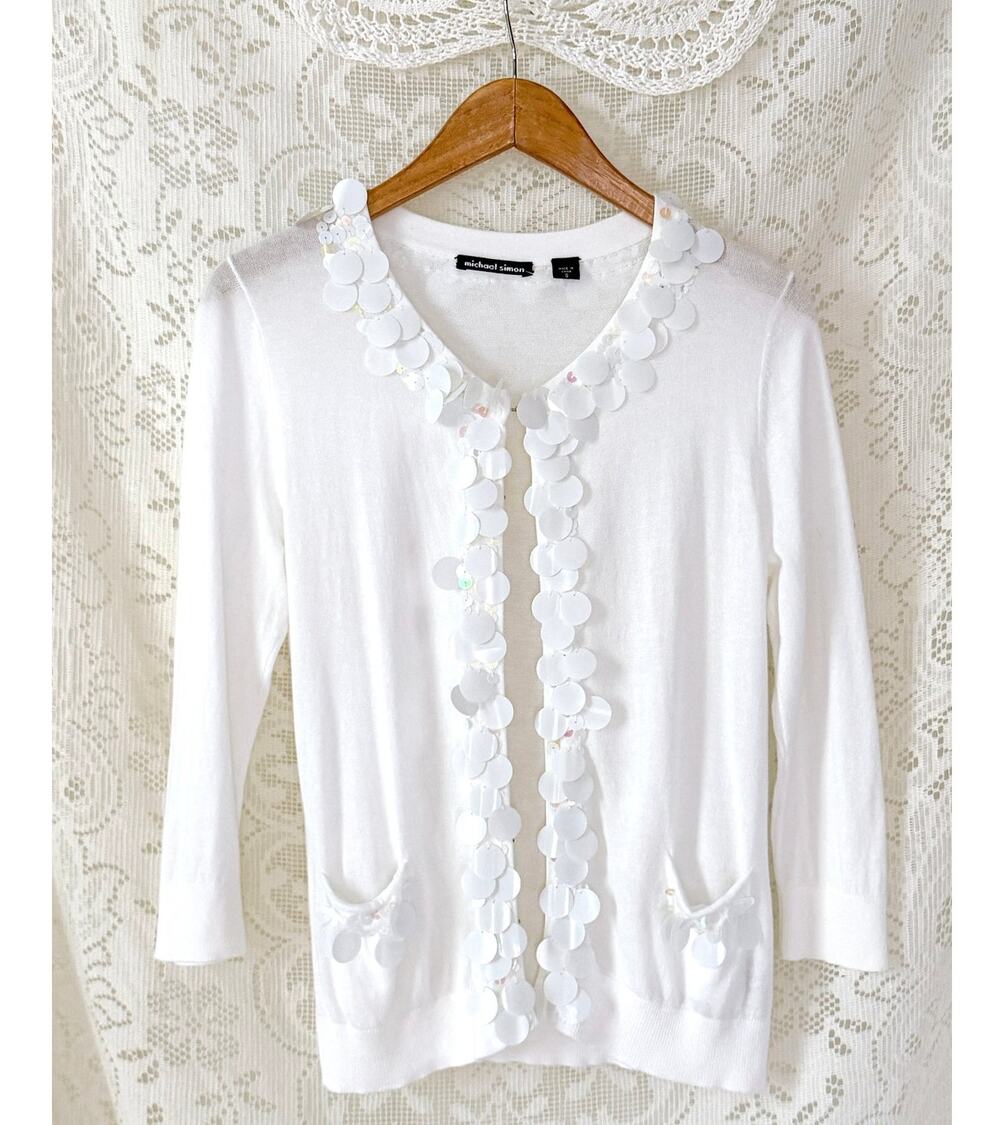 Michael Simon White Sequin Disc Embellished Cardigan small